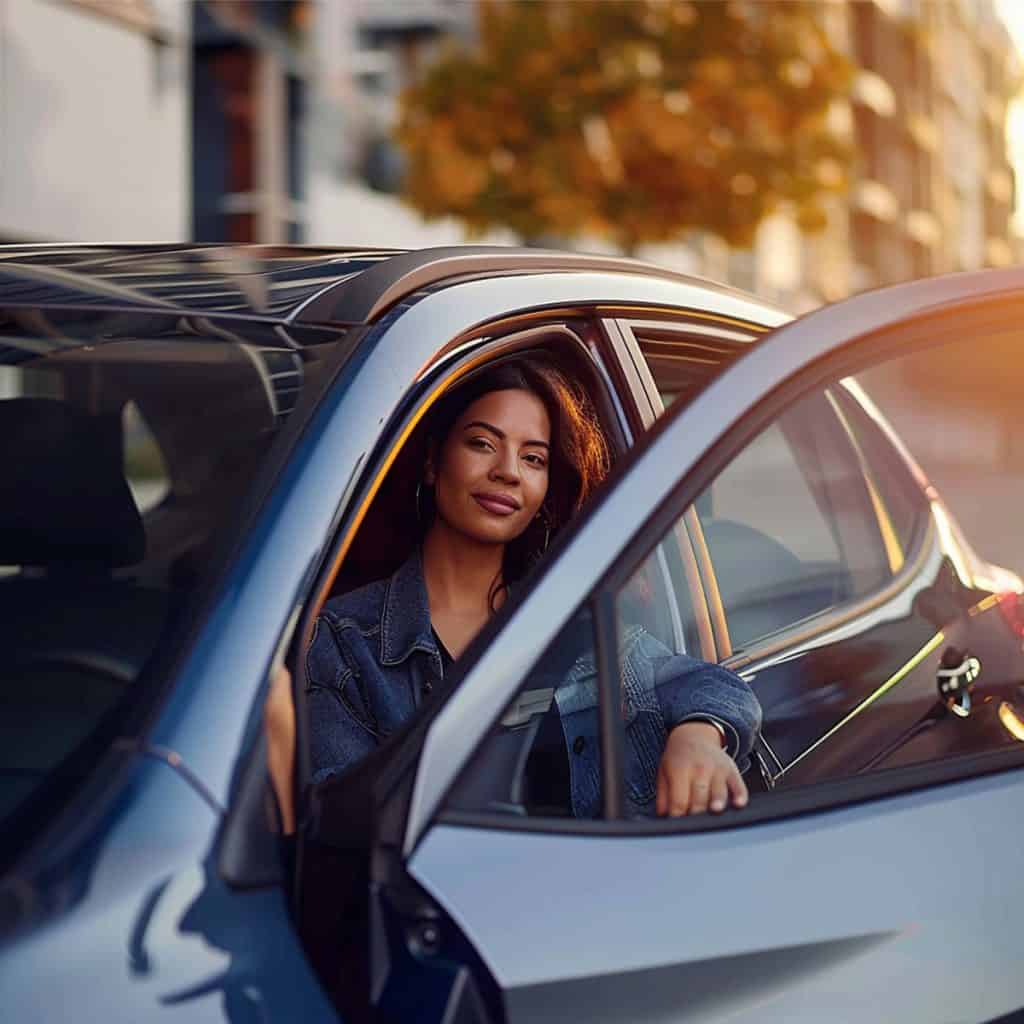A driver feeling safe getting into her 2024 Tucson Hybrid Limited